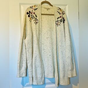 Cozy Cream Speckled Cardigan Sweater with Floral Embroidery